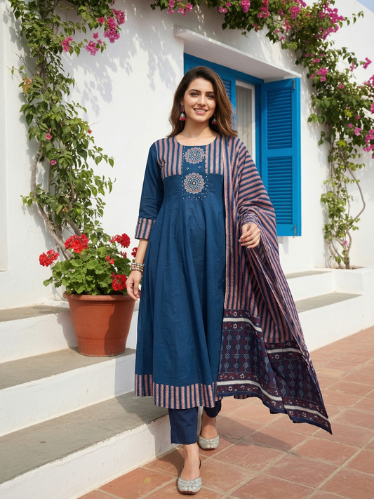 Panelled A-Line Kurta Set with Pant & Dupatta - Indigo Blue