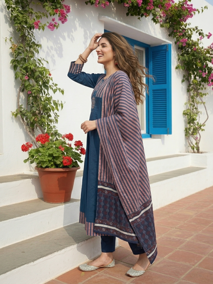 Panelled A-Line Kurta Set with Pant & Dupatta - Indigo Blue
