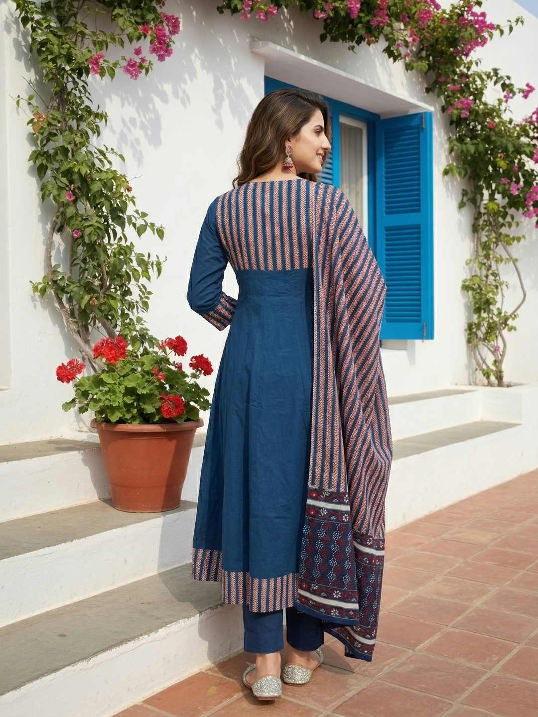 Panelled A-Line Kurta Set with Pant & Dupatta - Indigo Blue