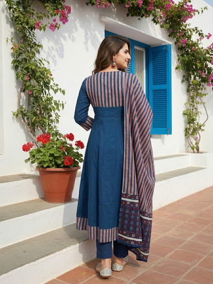 Panelled A-Line Kurta Set with Pant & Dupatta - Indigo Blue