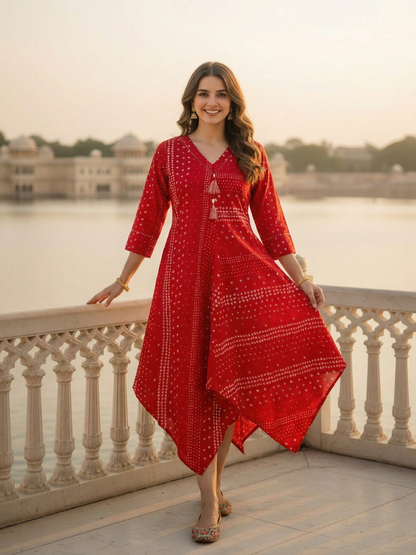 Bandhani Printed Asymmetric Kurta - Red