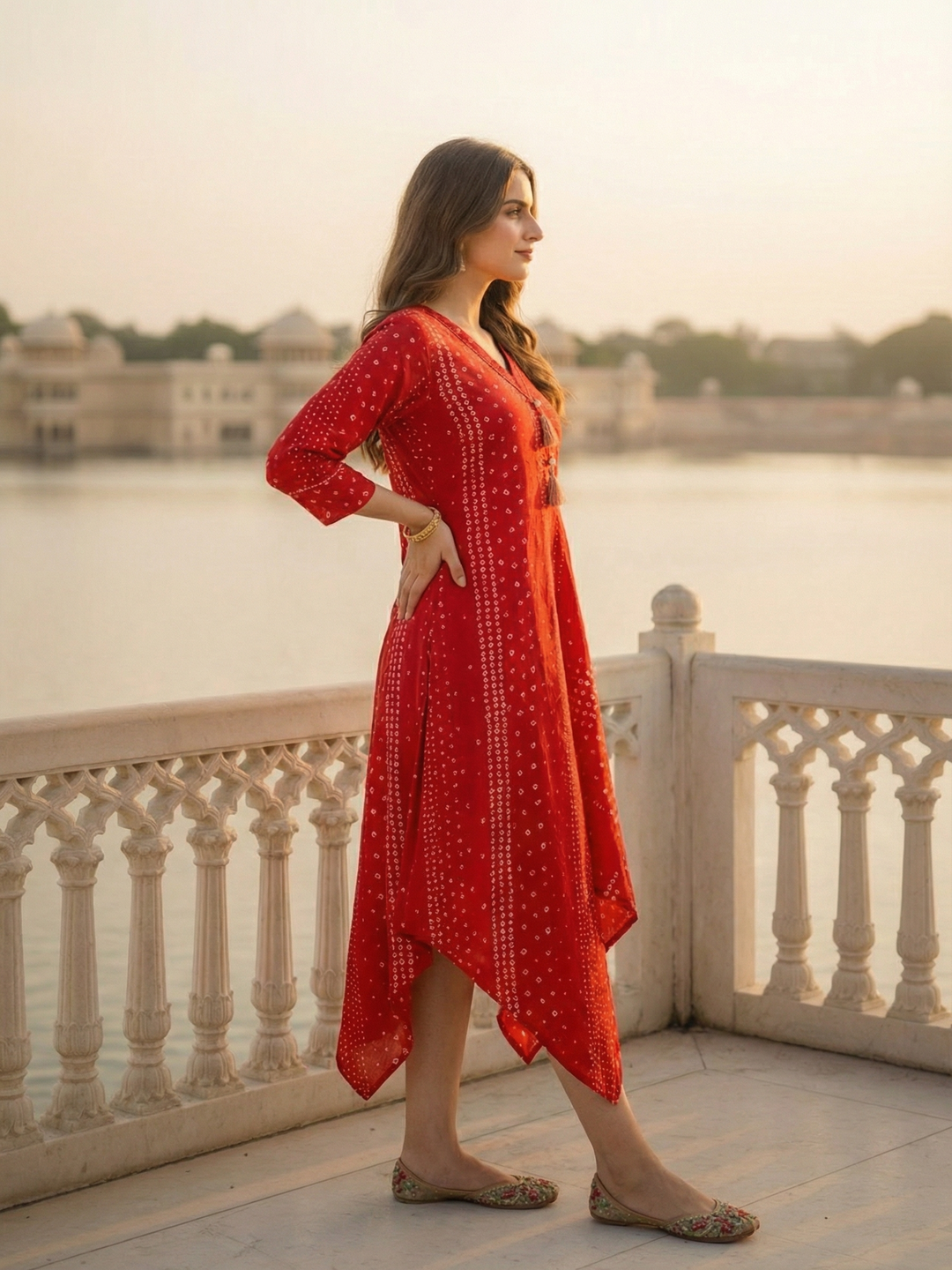 Bandhani Printed Asymmetric Kurta - Red