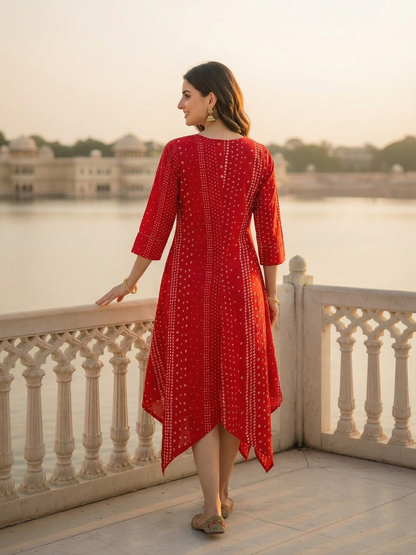 Bandhani Printed Asymmetric Kurta - Red