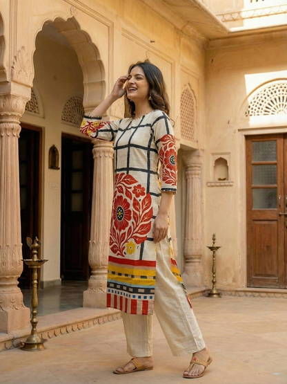 Abstract Printed Mirror Work Straight Kurta with Palazzo - Cream