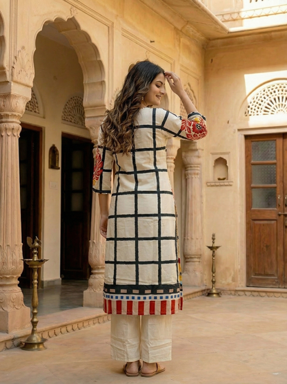 Abstract Printed Mirror Work Straight Kurta with Palazzo - Cream