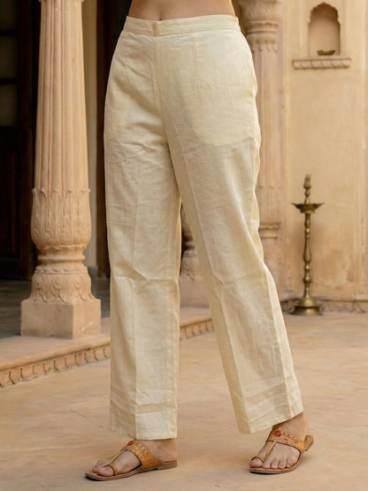 Abstract Printed Mirror Work Straight Kurta with Palazzo - Cream