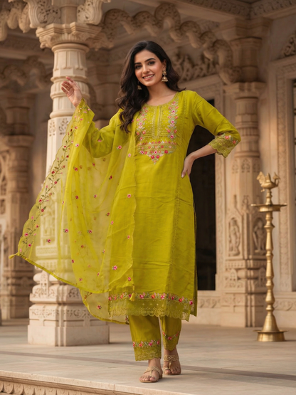 Solid Embroidered Panelled A-Line Kurta with Pant & Tissue Dupatta - Mehndi Green