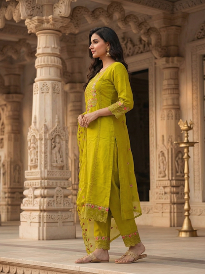 Solid Embroidered Panelled A-Line Kurta with Pant & Tissue Dupatta - Mehndi Green