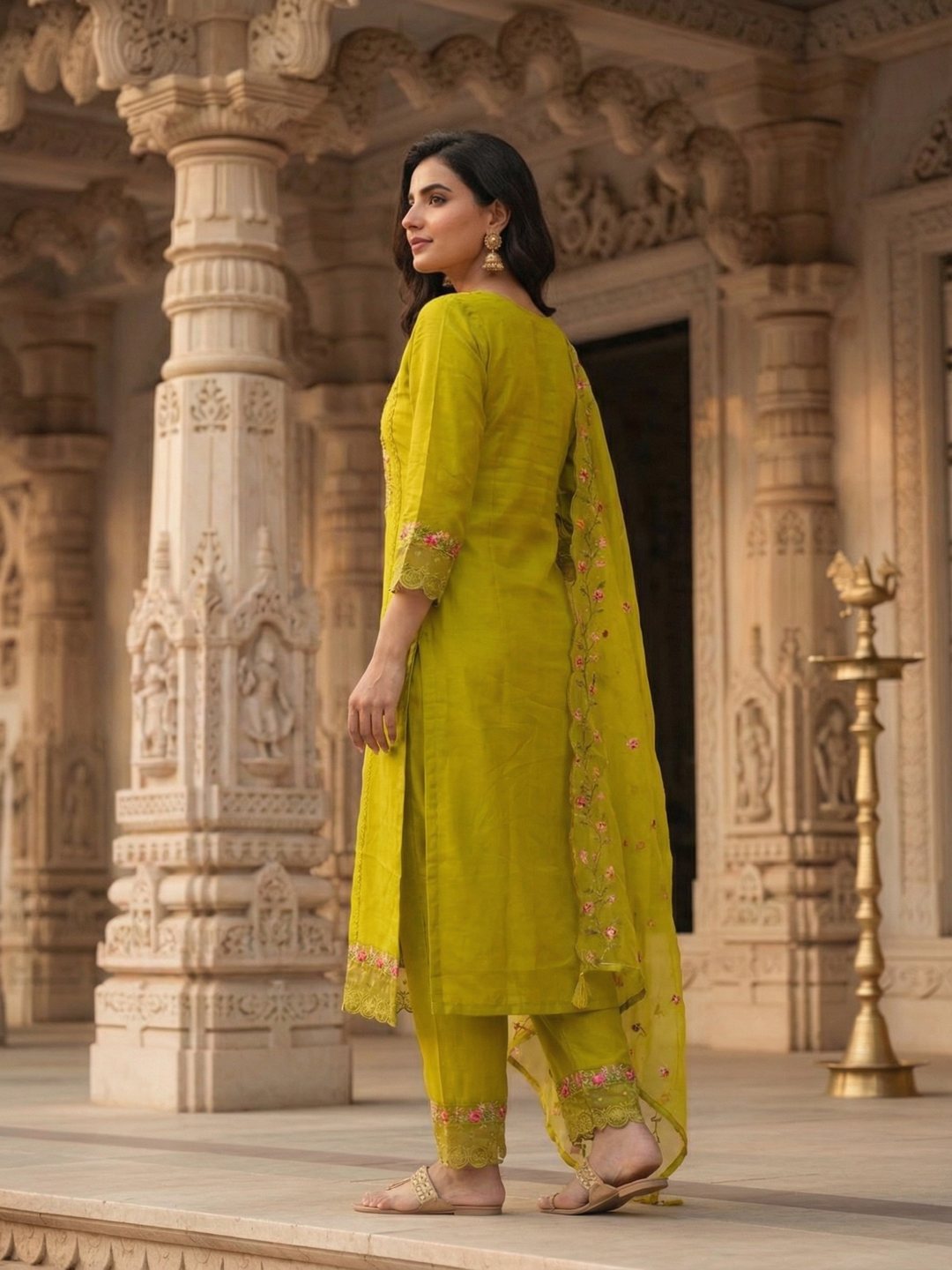 Solid Embroidered Panelled A-Line Kurta with Pant & Tissue Dupatta - Mehndi Green