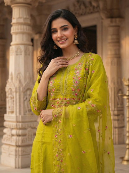 Solid Embroidered Panelled A-Line Kurta with Pant & Tissue Dupatta - Mehndi Green