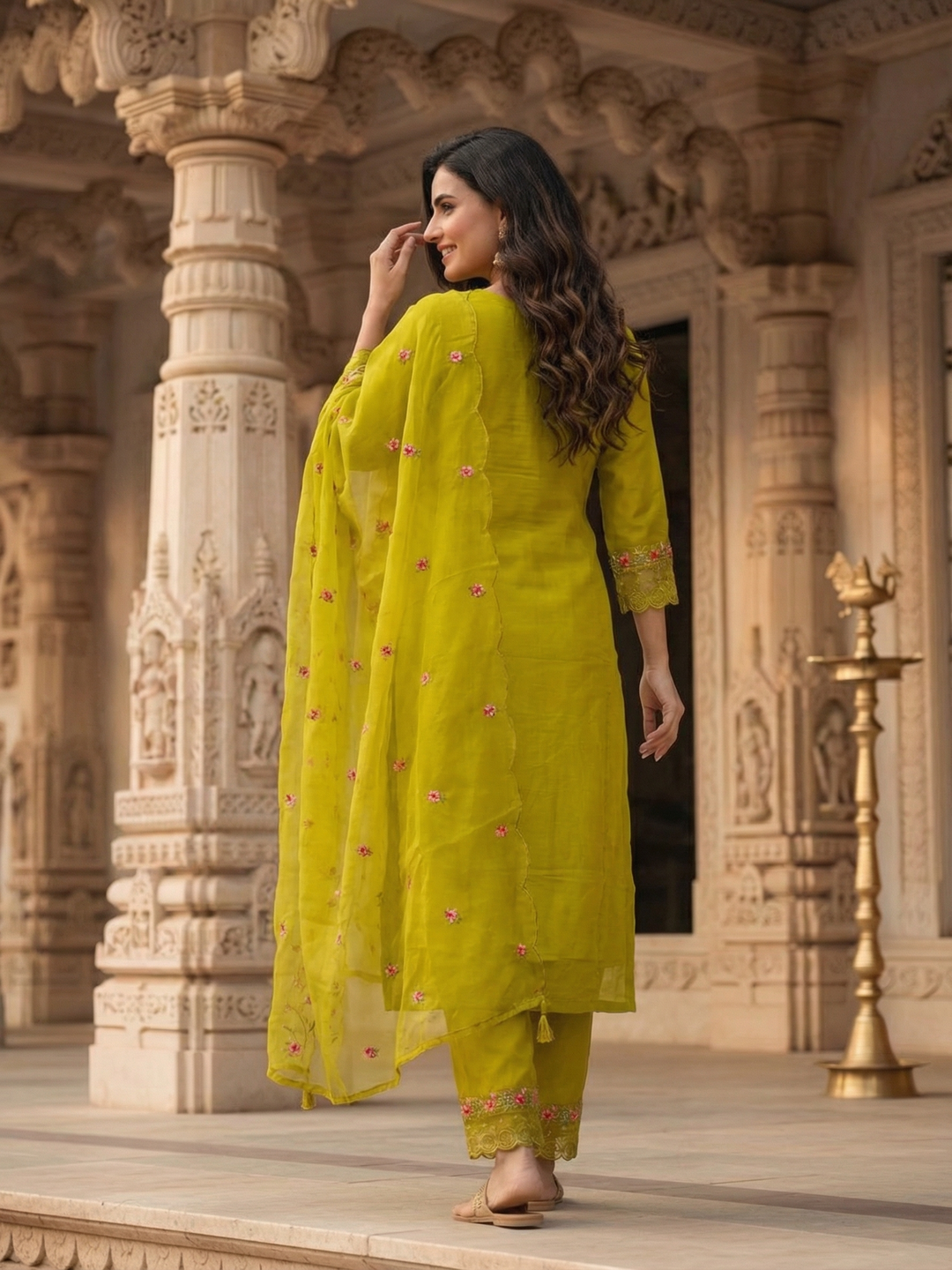 Solid Embroidered Panelled A-Line Kurta with Pant & Tissue Dupatta - Mehndi Green
