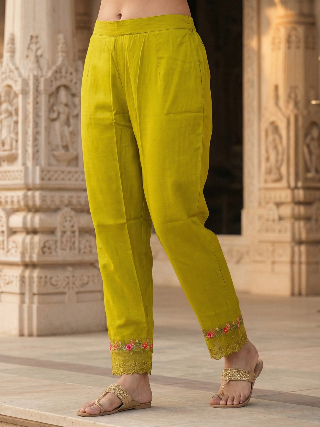 Solid Embroidered Panelled A-Line Kurta with Pant & Tissue Dupatta - Mehndi Green