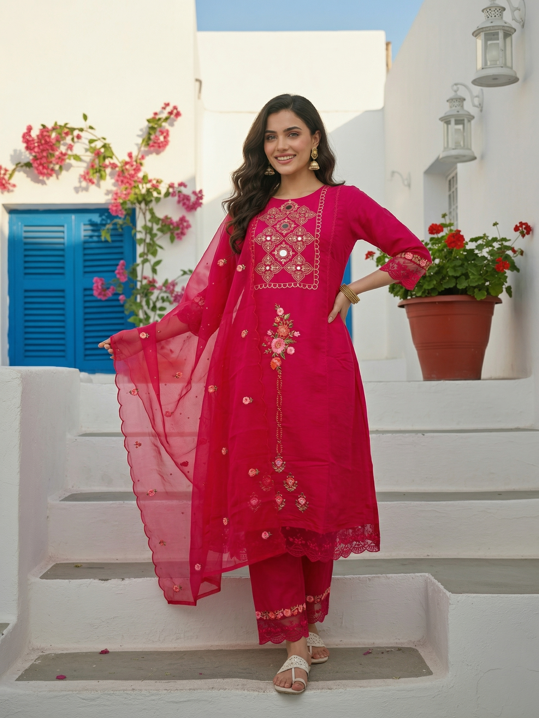Embroidered Panelled A-Line Kurta with Pant & Tissue Dupatta - Rani Pink