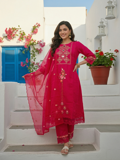 Embroidered Panelled A-Line Kurta with Pant & Tissue Dupatta - Rani Pink