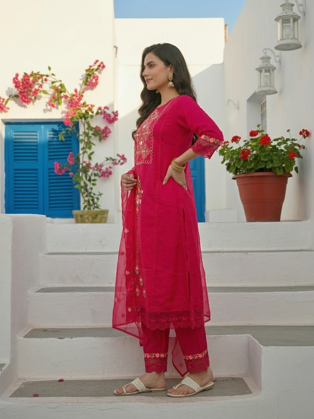 Embroidered Panelled A-Line Kurta with Pant & Tissue Dupatta - Rani Pink