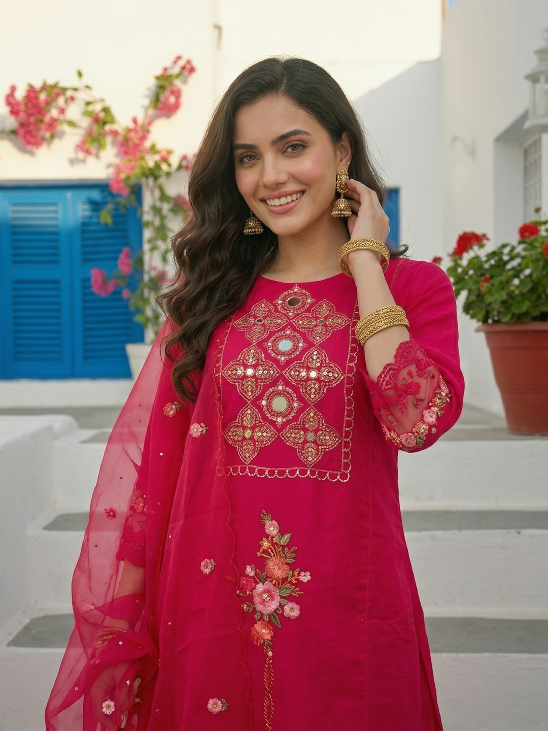 Embroidered Panelled A-Line Kurta with Pant & Tissue Dupatta - Rani Pink