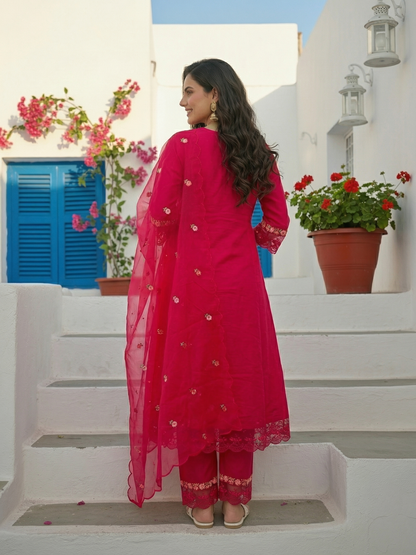 Embroidered Panelled A-Line Kurta with Pant & Tissue Dupatta - Rani Pink
