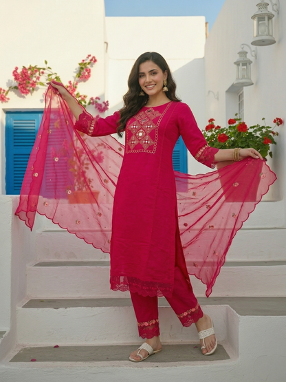 Embroidered Panelled A-Line Kurta with Pant & Tissue Dupatta - Rani Pink