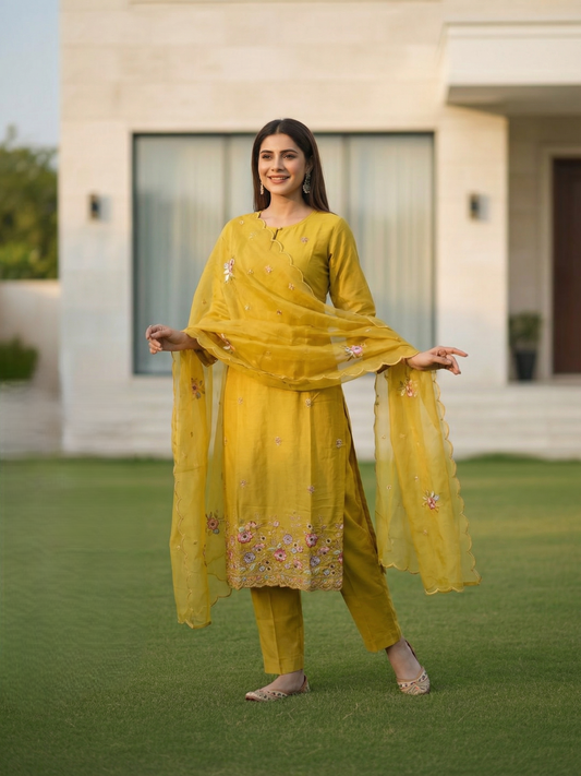 Solid Embroidered Straight Kurta with Pant & Tissue Dupatta - Mustard