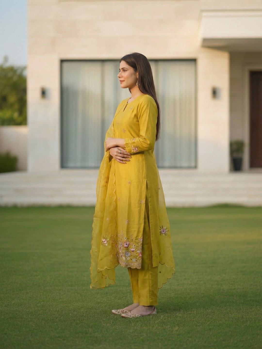 Solid Embroidered Straight Kurta with Pant & Tissue Dupatta - Mustard