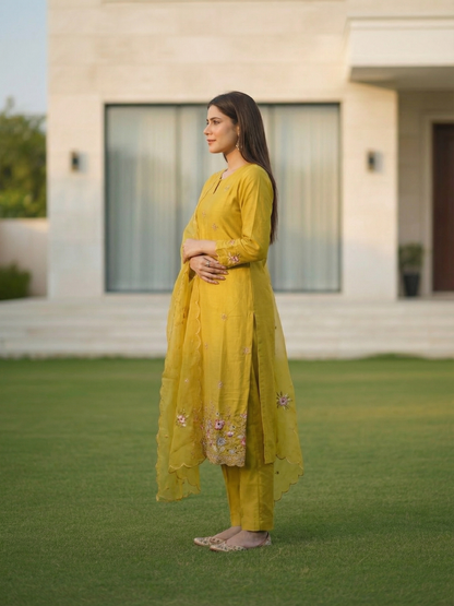 Solid Embroidered Straight Kurta with Pant & Tissue Dupatta - Mustard