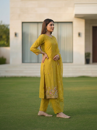 Solid Embroidered Straight Kurta with Pant & Tissue Dupatta - Mustard