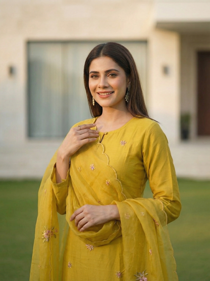 Solid Embroidered Straight Kurta with Pant & Tissue Dupatta - Mustard