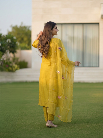 Solid Embroidered Straight Kurta with Pant & Tissue Dupatta - Mustard