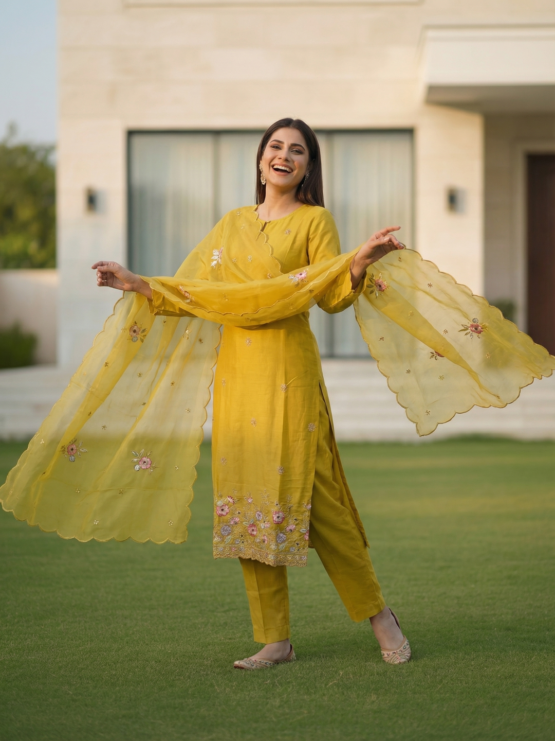 Solid Embroidered Straight Kurta with Pant & Tissue Dupatta - Mustard