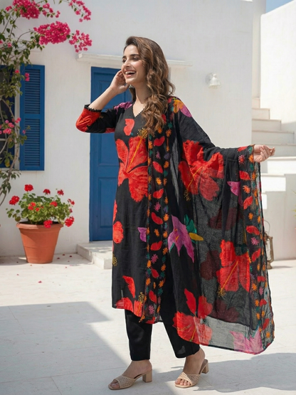 Abstract Floral Printed Straight Kurta with Pant & Dupatta - Black