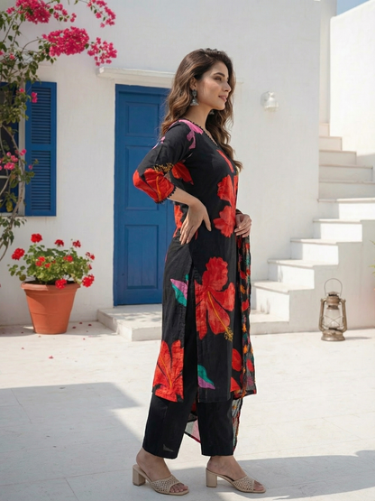 Abstract Floral Printed Straight Kurta with Pant & Dupatta - Black