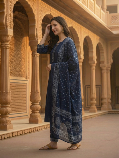 Solid Bandhani Printed Yoke Straight Kurta with Pant & Dupatta - Navy Blue