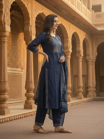 Solid Bandhani Printed Yoke Straight Kurta with Pant & Dupatta - Navy Blue