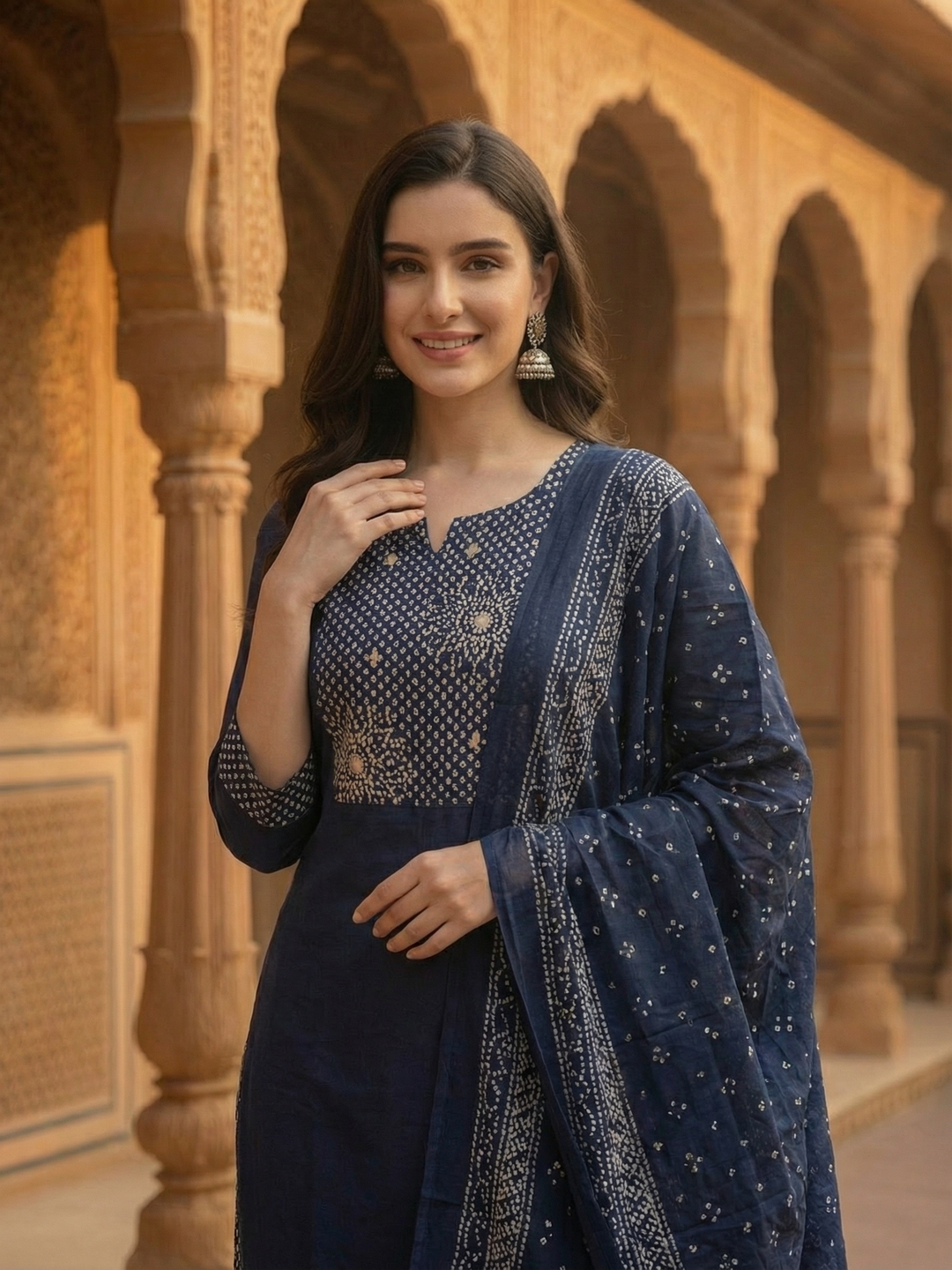 Solid Bandhani Printed Yoke Straight Kurta with Pant & Dupatta - Navy Blue