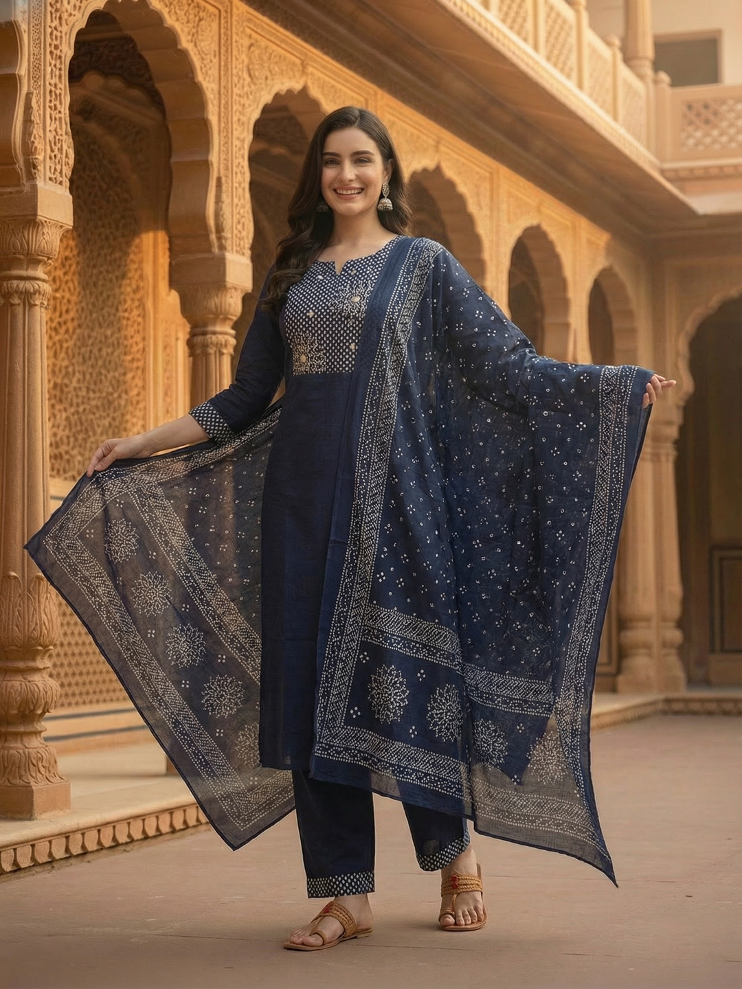 Solid Bandhani Printed Yoke Straight Kurta with Pant & Dupatta - Navy Blue