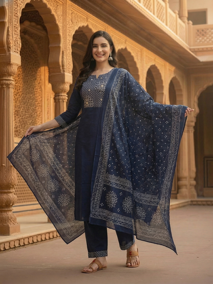 Solid Bandhani Printed Yoke Straight Kurta with Pant & Dupatta - Navy Blue