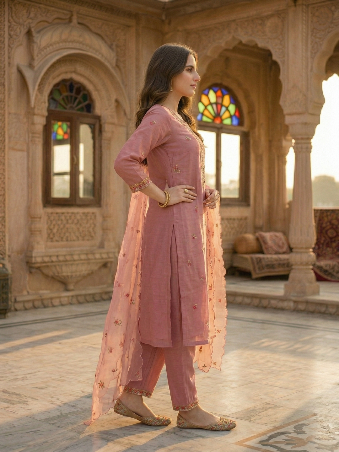 Embroidered Straight Kurta Set with Pant & Organza Dupatta - Blush Pink