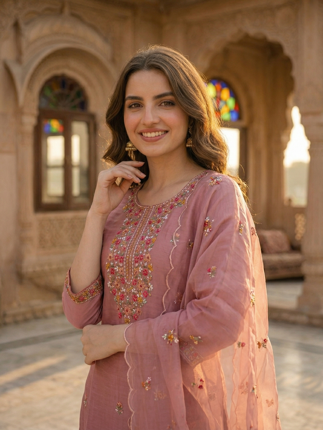 Embroidered Straight Kurta Set with Pant & Organza Dupatta - Blush Pink