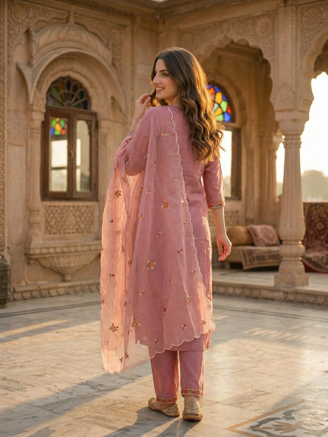 Embroidered Straight Kurta Set with Pant & Organza Dupatta - Blush Pink