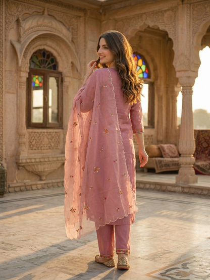 Embroidered Straight Kurta Set with Pant & Organza Dupatta - Blush Pink