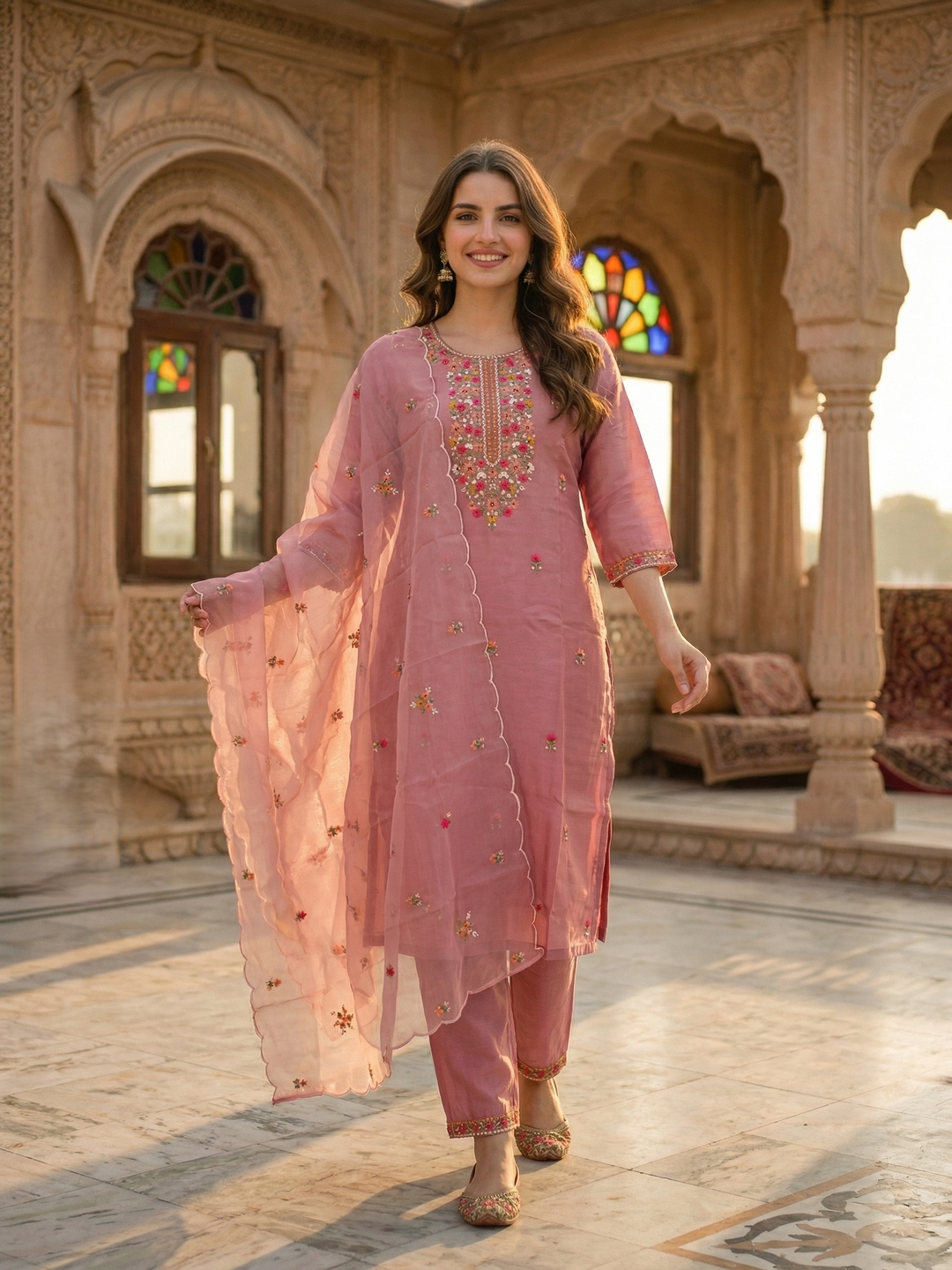 Embroidered Straight Kurta Set with Pant & Organza Dupatta - Blush Pink