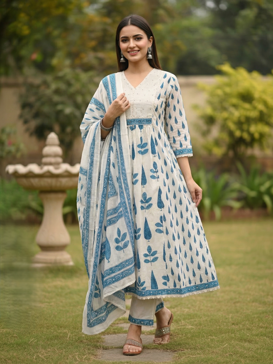 Mughal Ethnic Printed Panelled A-Line Kurta with Pant & Dupatta - Blue & Off White