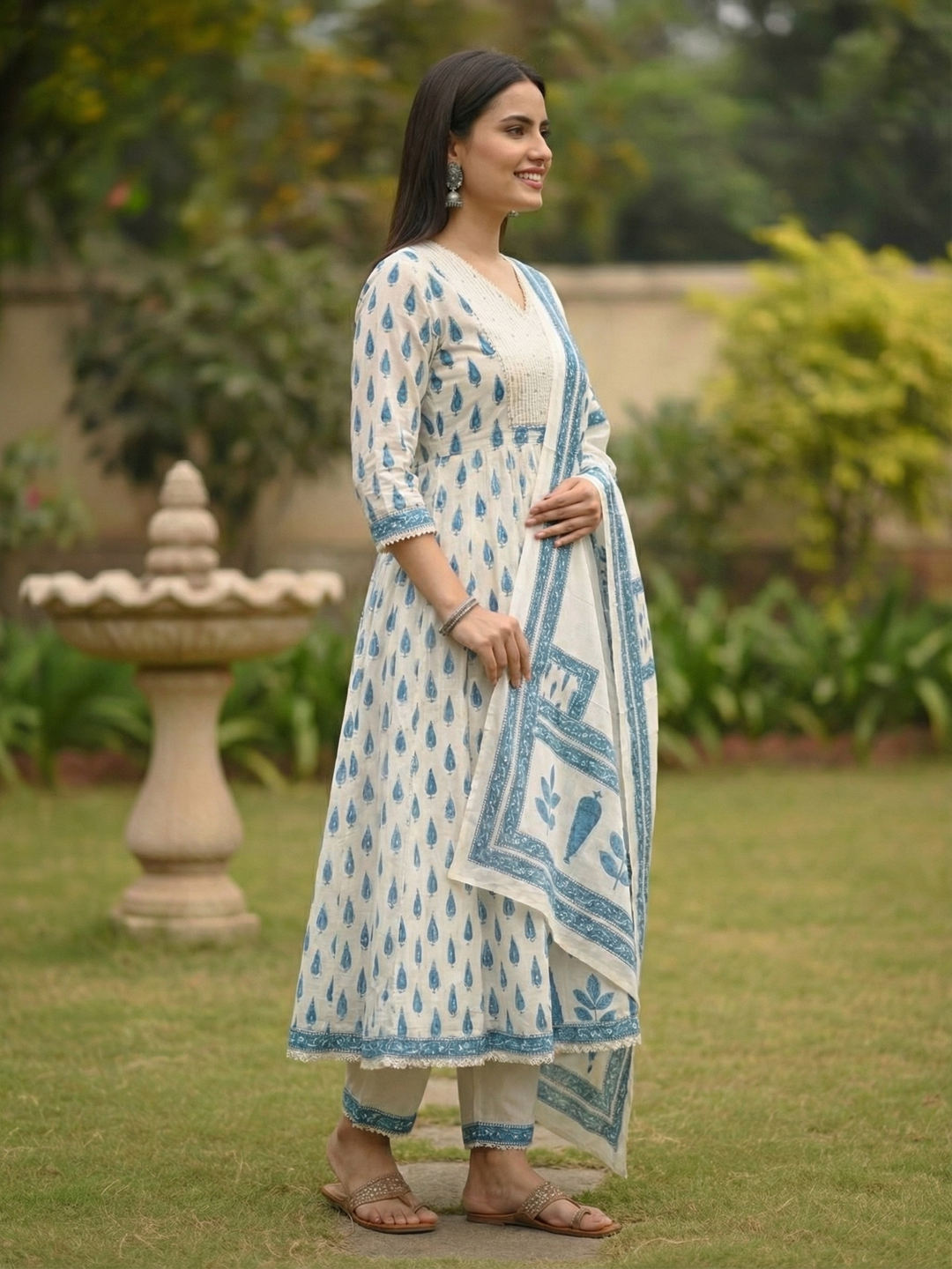Mughal Ethnic Printed Panelled A-Line Kurta with Pant & Dupatta - Blue & Off White