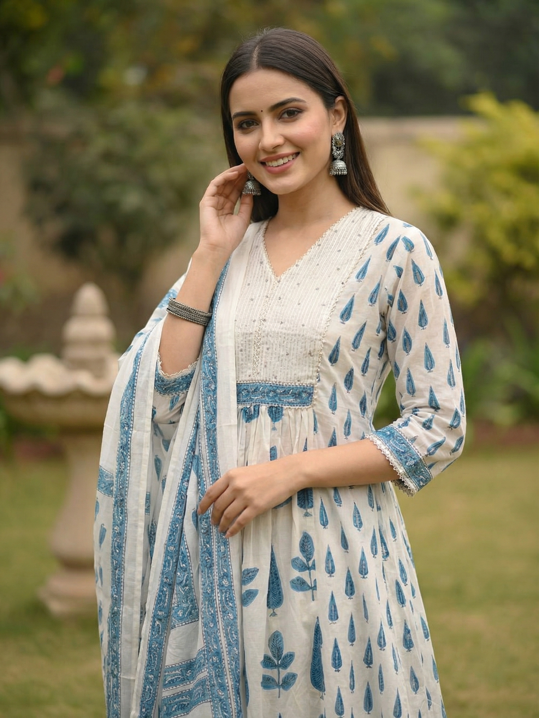 Mughal Ethnic Printed Panelled A-Line Kurta with Pant & Dupatta - Blue & Off White