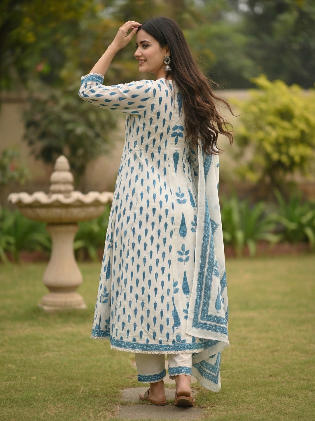 Mughal Ethnic Printed Panelled A-Line Kurta with Pant & Dupatta - Blue & Off White