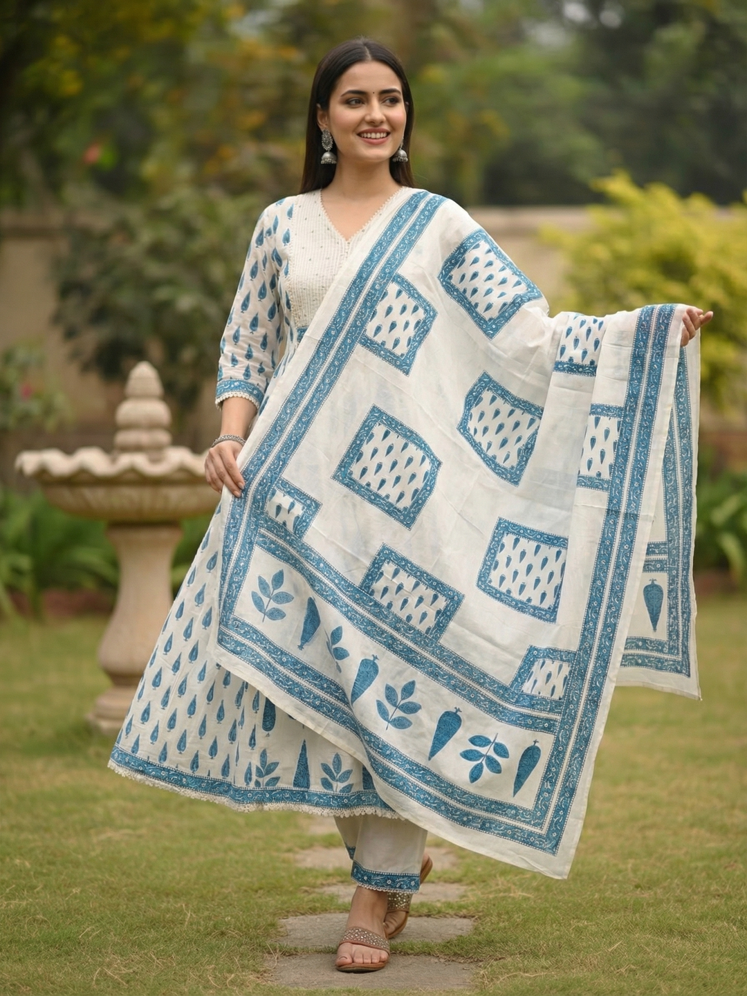 Mughal Ethnic Printed Panelled A-Line Kurta with Pant & Dupatta - Blue & Off White