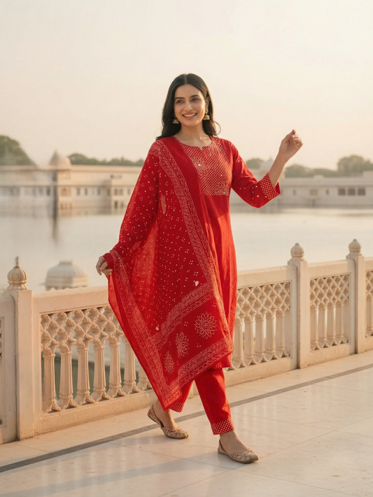 Solid Bandhani Printed Yoke Straight Kurta with Pant & Dupatta - Red