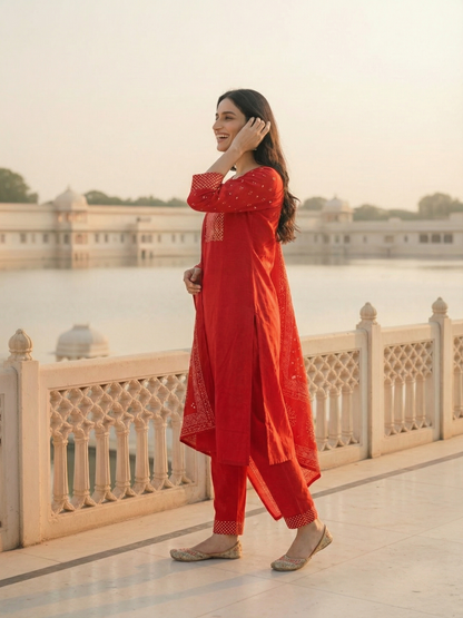 Solid Bandhani Printed Yoke Straight Kurta with Pant & Dupatta - Red