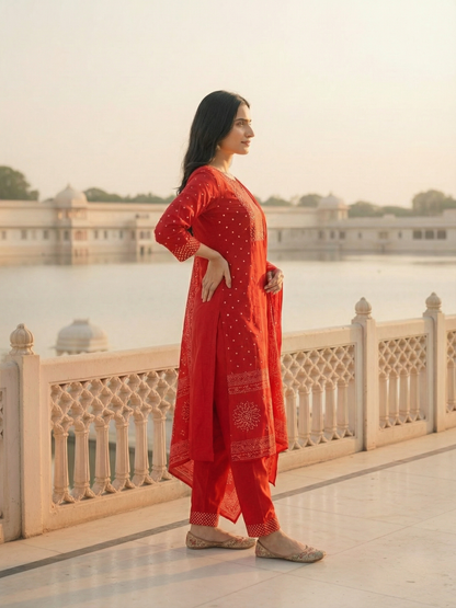 Solid Bandhani Printed Yoke Straight Kurta with Pant & Dupatta - Red