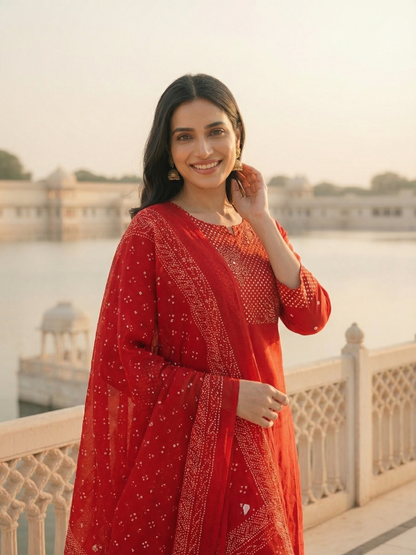 Solid Bandhani Printed Yoke Straight Kurta with Pant & Dupatta - Red